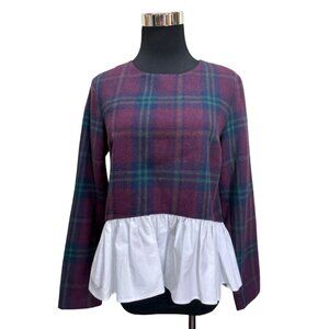 NWT English Factory High Low Long Sleeve Top Plaid Wool Blend Ruffle Sz S #q